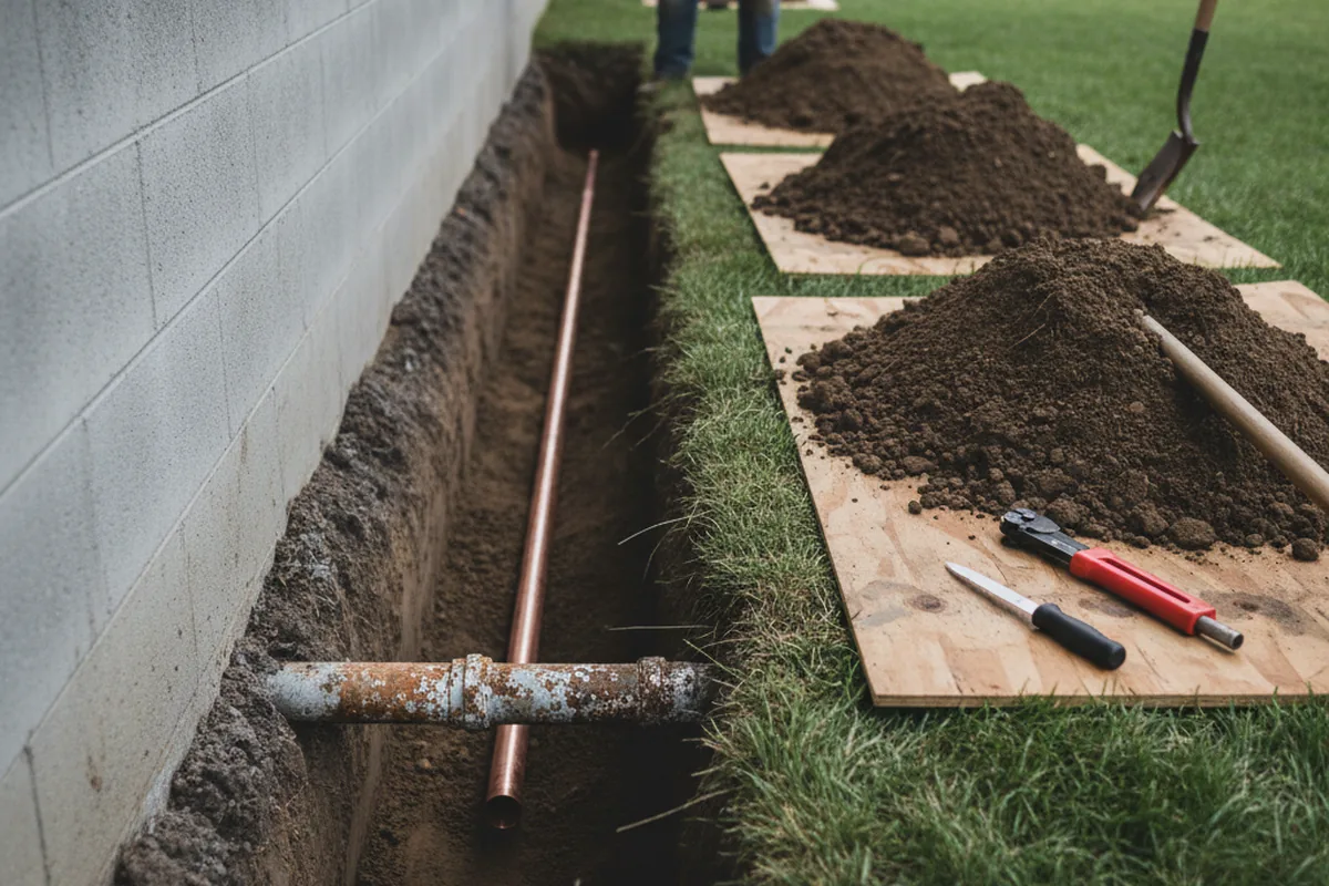 Excavated water line trench during Sewer Line Repair in Bloomsburg